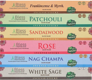 Bless-International-Frankincense-and-Myrrh-Patchouli-Rose-Sandalwood-Nag-Champa-White-Sage-Lemon-Grass-Citronella-Palo-Santo-Dragons-Blood-YLANG-YLANG-Lavender- Natural-Handmade- Incense Sticks-25x12