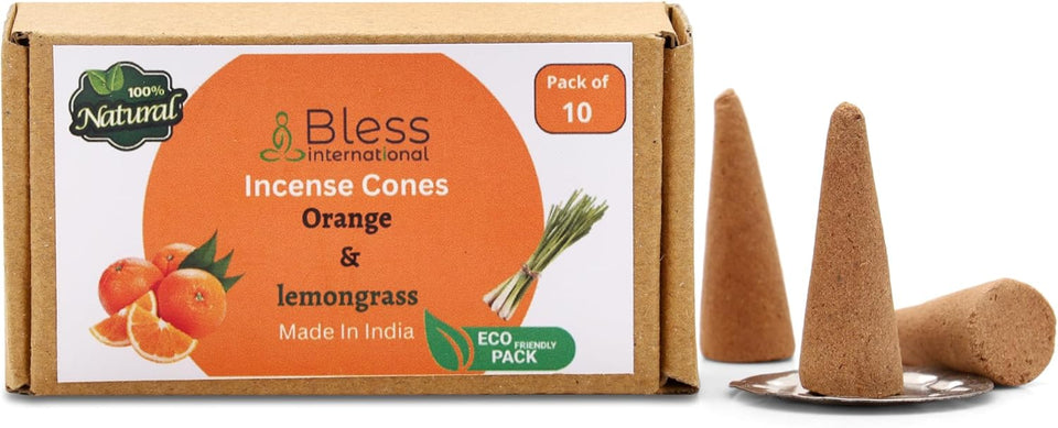 Bless-International 100%-Natural-Incense-Cones Handmade-Hand-Dipped Organic-Chemicals-Free for-Purification-Relaxation-Positivity-Yoga-Meditation (Orange and Lemongrass)