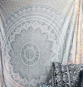 Bless International Indian Traditional Mandala Hippie Wall Hanging, Cotton Tapestry Ombre Bohemian Bedspread (Grey/Silver)