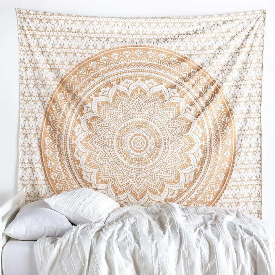 Bless International Indian Traditional Mandala Hippie Wall Hanging, Cotton Tapestry Ombre Bohemian Bedspread (Golden Flower)