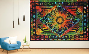 Bless International Handmade Indian hippie Bohemian Psychedelic Celestial Sun Moon Wall hanging College Dorm Beach Throws Table Cloth Bedding Tapestry (Orange Multicoloured)