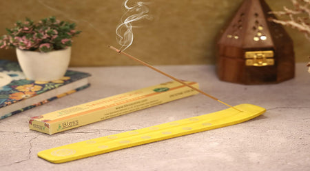 Traditional Handmade Wooden Incense Stick Holder, Ash-Catcher, (Positivity Yellow)  10 Inches