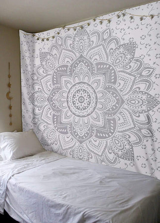 Bless International Indian Traditional Mandala Hippie Wall Hanging, Cotton Tapestry Ombre Bohemian Bedspread (Grey/Silver Flower)