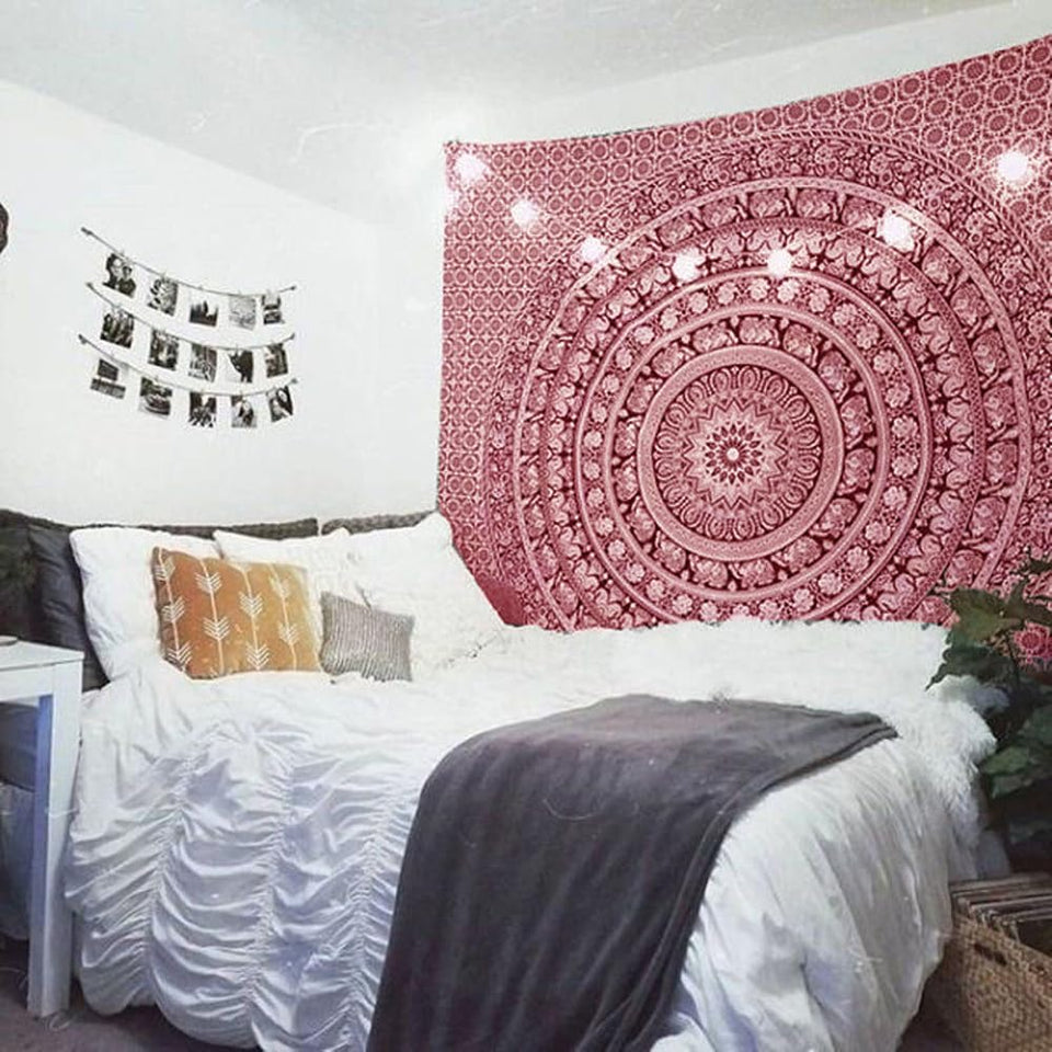 Bless International Handmade Indian hippie Bohemian Psychedelic Elephant Mandala Wall hanging College Dorm Beach Throws Table Cloth Bedding Tapestry (Maroon and Silver)