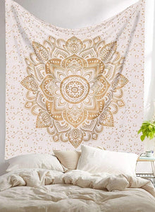 Bless International Indian Traditional Mandala Hippie Wall Hanging, Cotton Tapestry Ombre Bohemian Bedspread (Golden Flower)