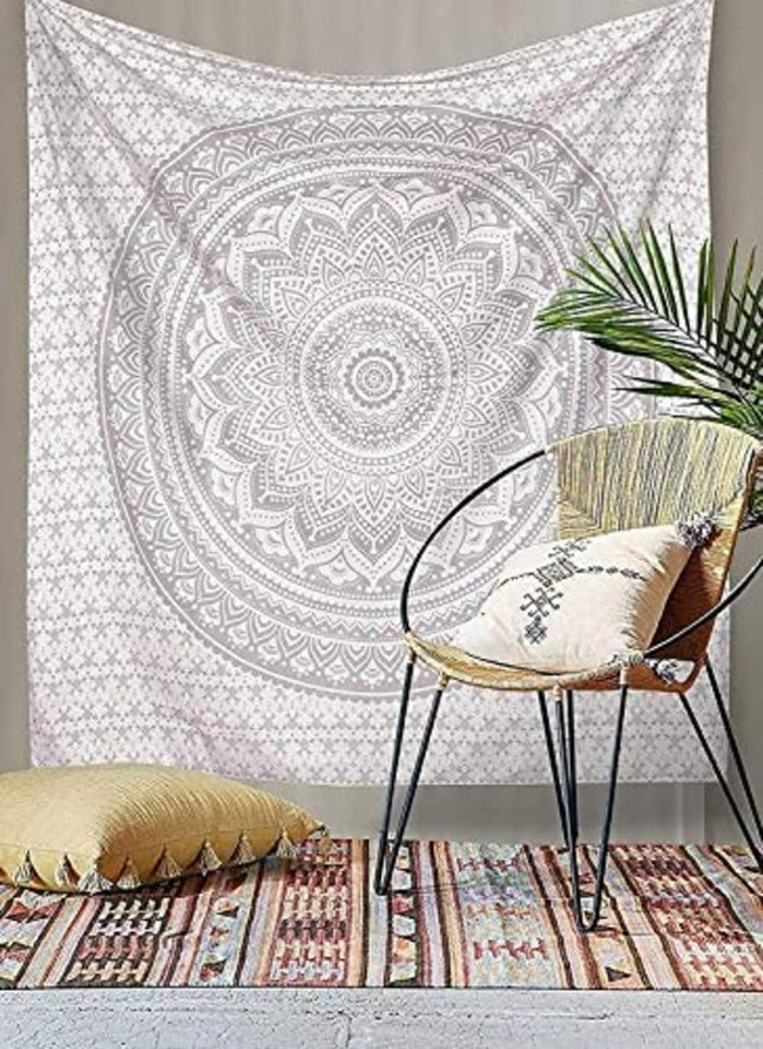 Bless International Indian Traditional Mandala Hippie Wall Hanging, Cotton Tapestry Ombre Bohemian Bedspread (Grey/Silver)