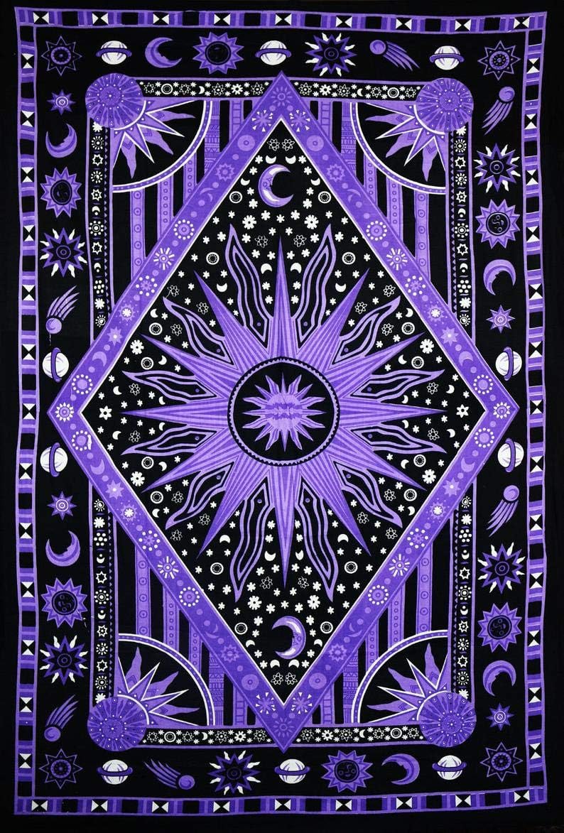 Bless International Handmade Indian hippie Bohemian Psychedelic Celestial Sun Moon Wall hanging College Dorm Beach Throws Table Cloth Bedding Tapestry (Purple)