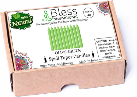 Bless-International-Spell-Taper-Candles 40-Pack-Olive-Green-Colored-smokeless-dripless-Long-Lasting Plant-Based-Natural-Organic-Palm-Wax Christmas-Home-Decor-Halloween-Church-Wedding-Restaurant