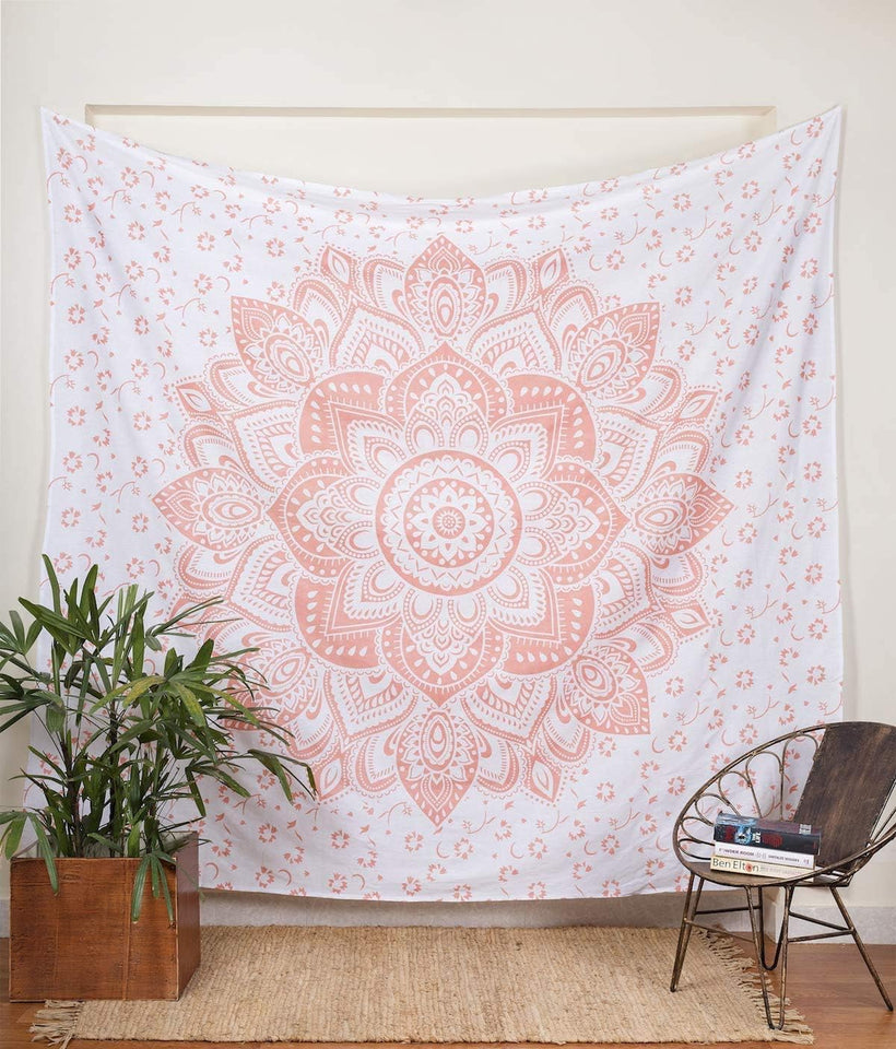 Bless International Indian Traditional Mandala Hippie Wall Hanging, Cotton Tapestry Ombre Bohemian Bedspread (Rose Gold Flower)