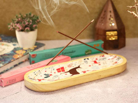 Bless-International Traditional-Handmade-Tray-Burner Wooden-Trat-Incense-Stick-Holder Ash-Catcher-Stand for-Aromatherapy-Meditation-Yoga (Celebration, 11x4x1.22 Inches)