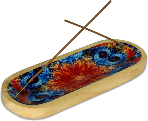 Traditional Handmade Wooden Trat Incense Stick Holder, Ash-Catcher, (Abstract Flowers, 11x4x1.22 Inches)