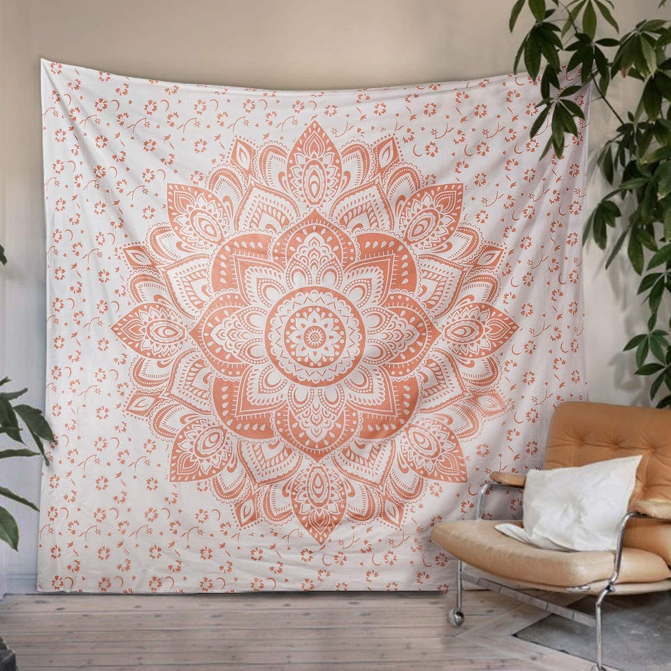 Bless International Indian Traditional Mandala Hippie Wall Hanging, Cotton Tapestry Ombre Bohemian Bedspread (Rose Gold Flower)