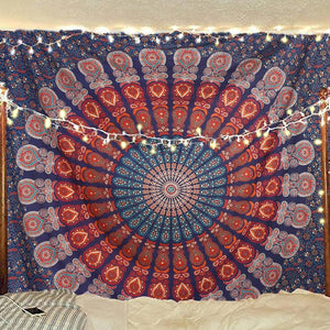 Bless International Indian Hippie Bohemian Psychedelic Peacock Mandala Wall Hanging Bedding Tapestry (Golden Blue White)