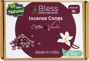 Bless-International 100%-Natural-Incense-Cones Handmade-Hand-Dipped Organic-Chemicals-Free for-Purification-Relaxation-Positivity-Yoga-Meditation (Coffee and Vanilla)