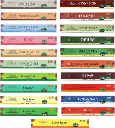 Bless-International Best-Assorted-21-Scents-Gift-Pack for-Purification-Relaxation-Positivity-Yoga-Meditation-Frankincense-and-Myrrh-Patchouli-Sandalwood-Palo-Santo-and-More (25 Sticks of Each Scent)