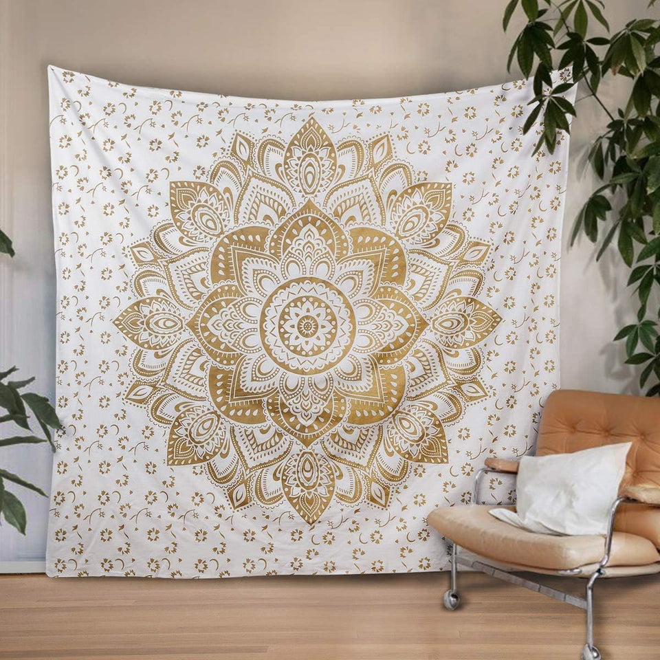 Bless International Indian Traditional Mandala Hippie Wall Hanging, Cotton Tapestry Ombre Bohemian Bedspread (Golden Flower)