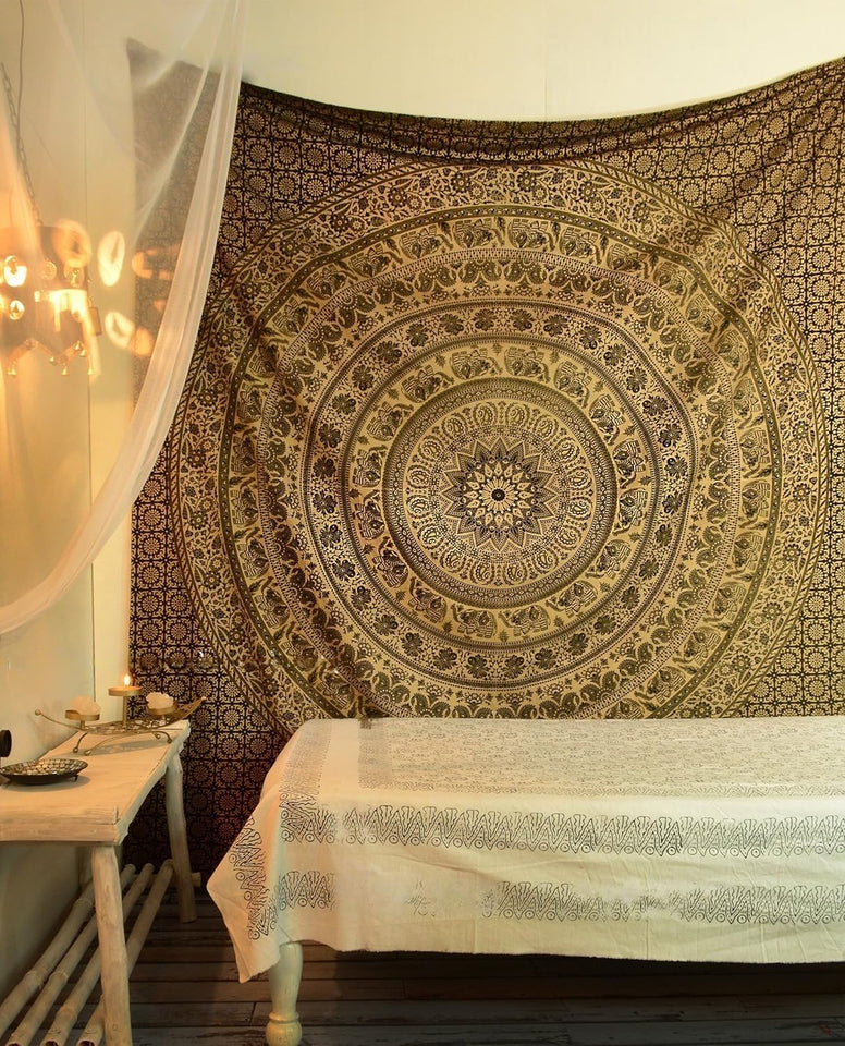 Bless International Handmade Indian hippie Bohemian Psychedelic Elephant Mandala Wall hanging College Dorm Beach Throws Table Cloth Bedding Tapestry (Black & Gold)