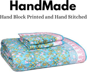 Handmade Organic Cotton Kantha Quilt 3 Pieces Set Blue Floral Bedspread (Includes 1 Quilt and 2 Pillow Shams)