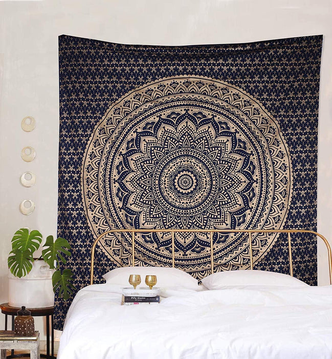 Traditional Mandala Hippie Wall Hanging, Cotton Ombre Tapestry Ombre (Blue Gold)