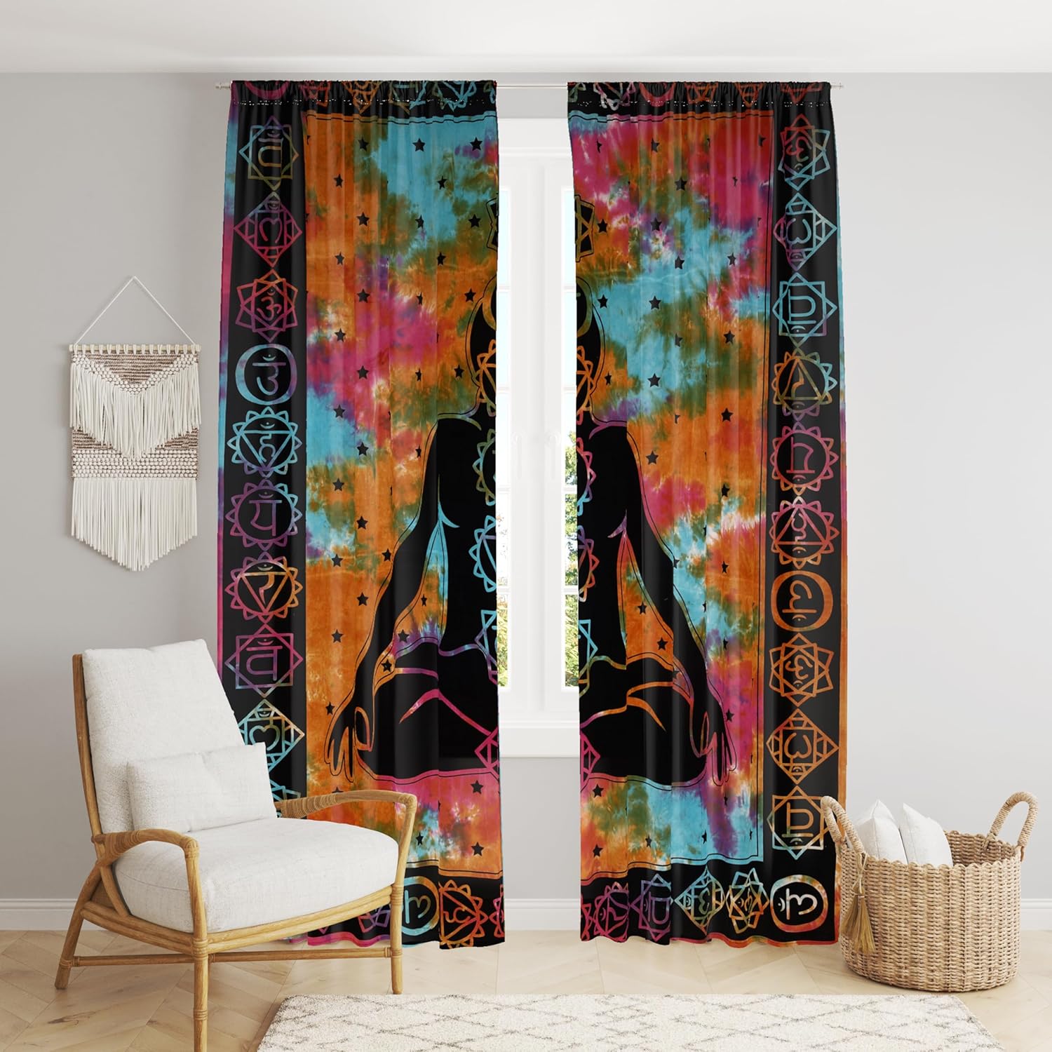 Beautiful Bohemian Psychedelic Hippie Tie Dye Window Curtain Panels for Bedroom, Living, Balcony (Meditation Tie Dye (38x83 Inches)(96x210 Cms))