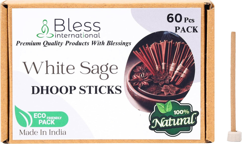 Bless-International 100%-Natural-Incense-Bambooless-Dhoop-Sticks Handmade-Organic-Chemicals-Free for-Purification-Relaxation-Positivity-Yoga-Meditation(White-sage)