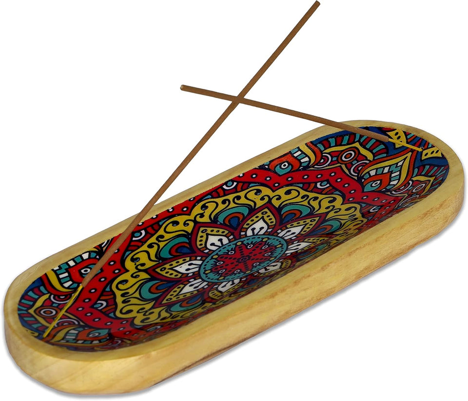 Traditional Handmade Wooden Trat Incense Stick Holder, Ash-Catcher, (Mandala, 11x4x1.22 Inches)