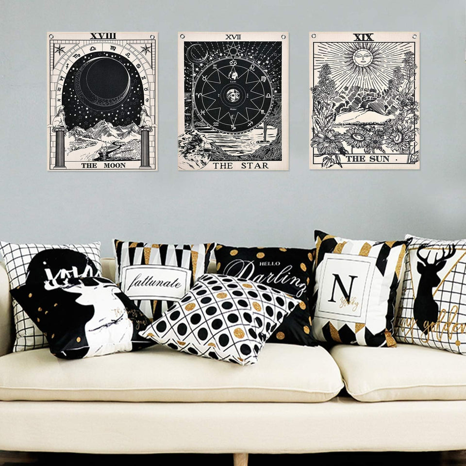 Bless International Tarot Flag Tapestry - The Sun, The Moon and The Star - Bohemian Cotton Printed Hand Made Wall Hanging Tapestries with Steel Grommets, Beige, Pack of 3 (B&W, 11.8 x 15.7 inches)