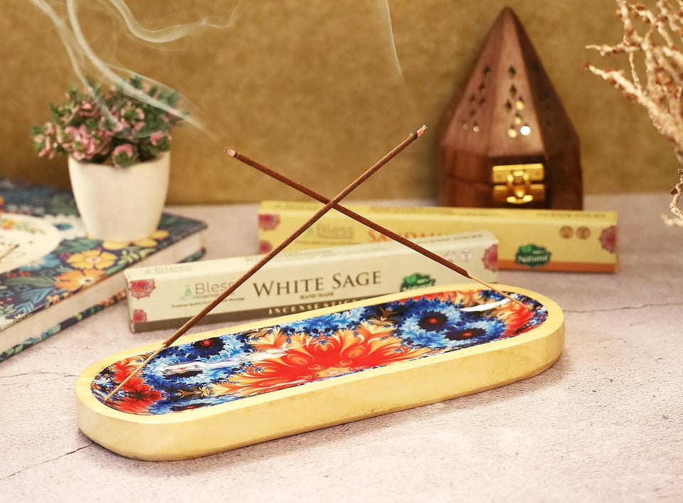 Traditional Handmade Wooden Trat Incense Stick Holder, Ash-Catcher, (Abstract Flowers, 11x4x1.22 Inches)