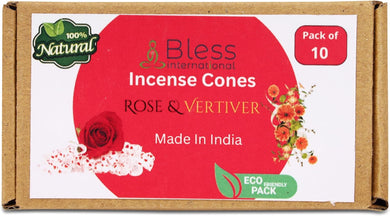 Bless-International 100%-Natural-Incense-Cones Handmade-Hand-Dipped Organic-Chemicals-Free for-Purification-Relaxation-Positivity-Yoga-Meditation (Rose and Vertiver)