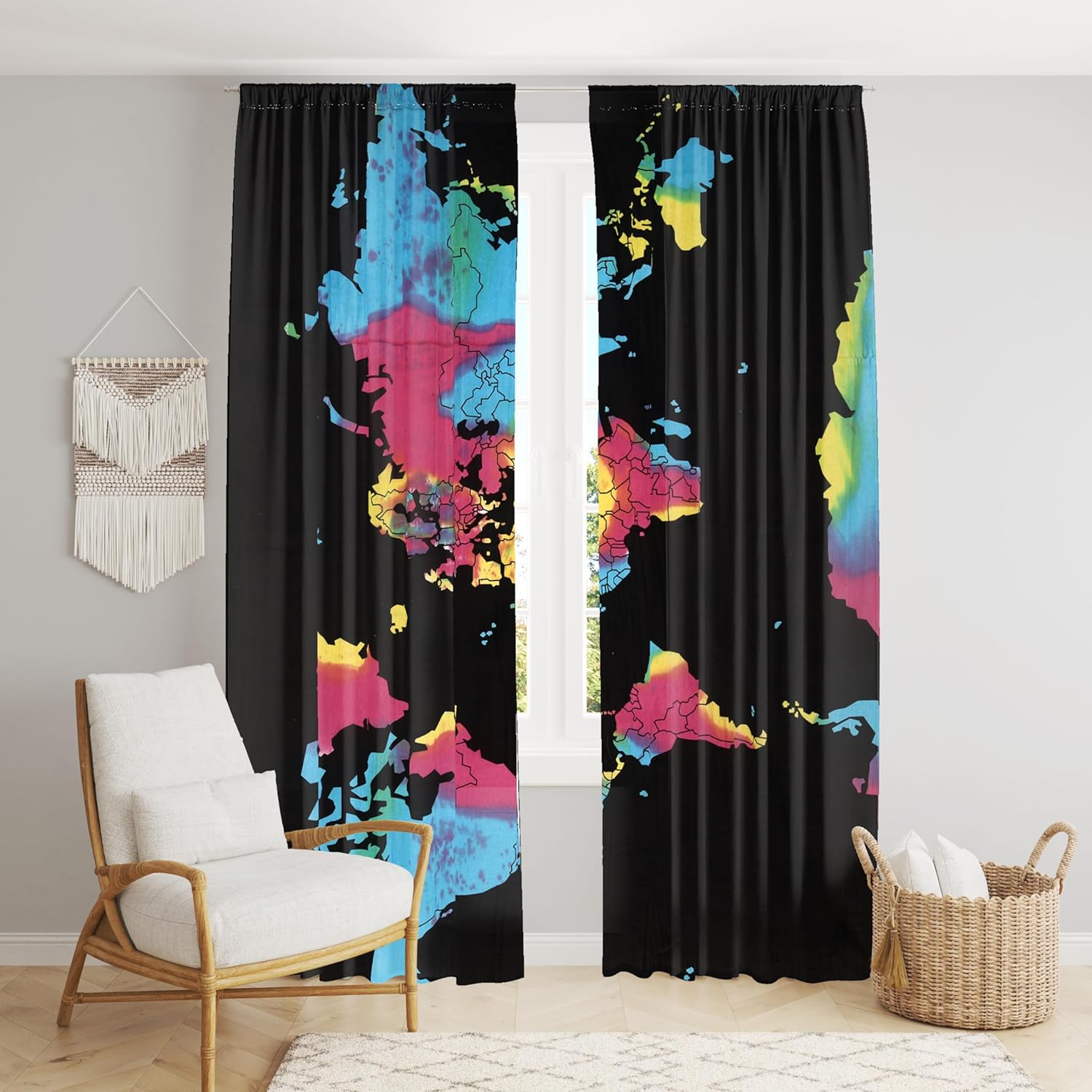 Beautiful Bohemian Psychedelic Hippie Tie Dye Window Curtain Panels for Bedroom, Living, Balcony (World Map (38x83 Inches)(96x210 Cms))