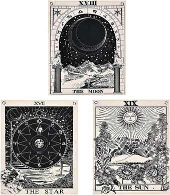 Bless International Tarot Flag Tapestry - The Sun, The Moon and The Star - Bohemian Cotton Printed Hand Made Wall Hanging Tapestries with Steel Grommets, Beige, Pack of 3 (B&W, 11.8 x 15.7 inches)