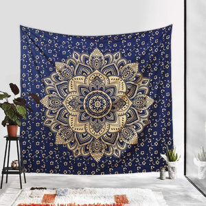 Bless International Indian Traditional Mandala Hippie Wall Hanging, Cotton Tapestry Ombre Bohemian Bedspread (Blue Gold Flower Ombre)