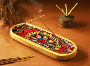 Traditional Handmade Wooden Trat Incense Stick Holder, Ash-Catcher, (Mandala, 11x4x1.22 Inches)