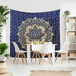 Bless International Indian Traditional Mandala Hippie Wall Hanging, Cotton Tapestry Ombre Bohemian Bedspread (Blue Gold Flower Ombre)