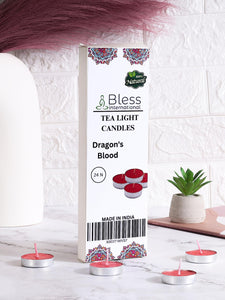 Bless-International Dragon-Blood-tea-light-candles 24-pack-colored-smokeless-dripless-long-lasting Plant-based-natural-organic-with-palm-wax Aromatherapy-creating-mood-enhancing-atmosphere