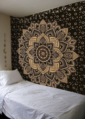 Bless International Indian Traditional Mandala Hippie Wall Hanging, Cotton Tapestry Ombre Bohemian Bedspread (Black Gold Flower Ombre)