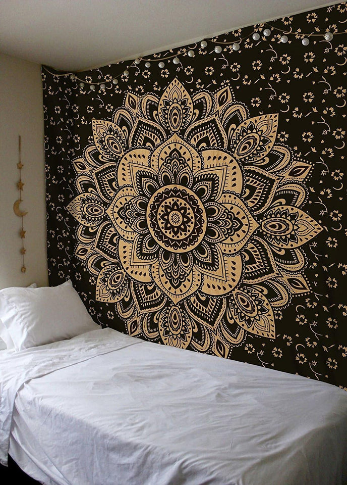 Bless International Indian Traditional Mandala Hippie Wall Hanging, Cotton Tapestry Ombre Bohemian Bedspread (Black Gold Flower Ombre)