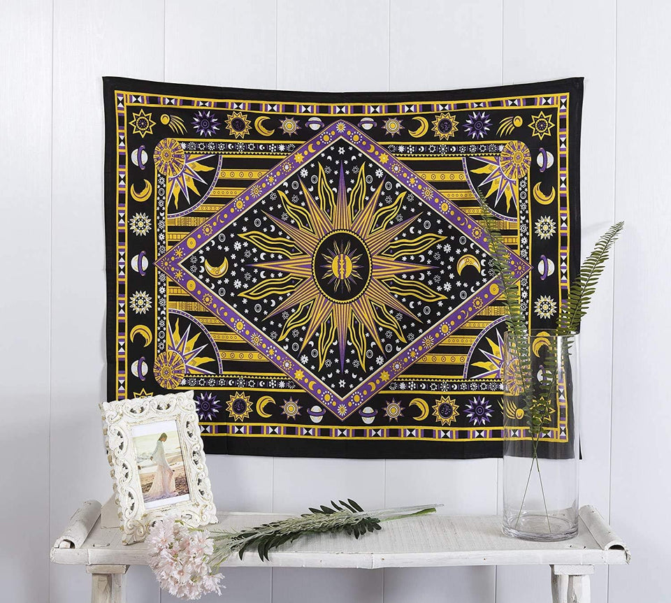 Bless International Handmade Indian hippie Bohemian Psychedelic Celestial Sun Moon Wall hanging College Dorm Beach Throws Table Cloth Bedding Tapestry (Purple/Yellow)