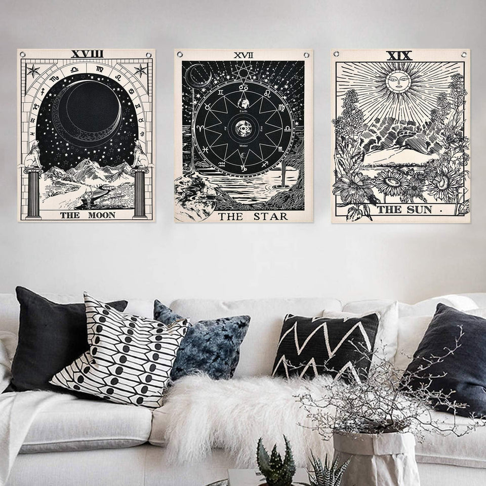 Bless International Tarot Flag Tapestry - The Sun, The Moon and The Star - Bohemian Cotton Printed Hand Made Wall Hanging Tapestries with Steel Grommets, Beige, Pack of 3 (B&W, 11.8 x 15.7 inches)