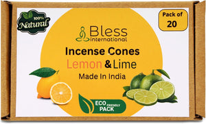 Bless-International 100%-Natural-Incense-Cones Handmade-Hand-Dipped Organic-Chemicals-Free for-Purification-Relaxation-Positivity-Yoga-Meditation (Lemon and Lime)