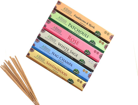 Bless-International-Frankincense-and-Myrrh-Patchouli-Rose-Sandalwood-Nag-Champa-White-Sage Natural-Handmade-Organic-for-Relaxation-Positivity-Yoga-Meditation 150-Sticks-25x6-Fragrances with Holder