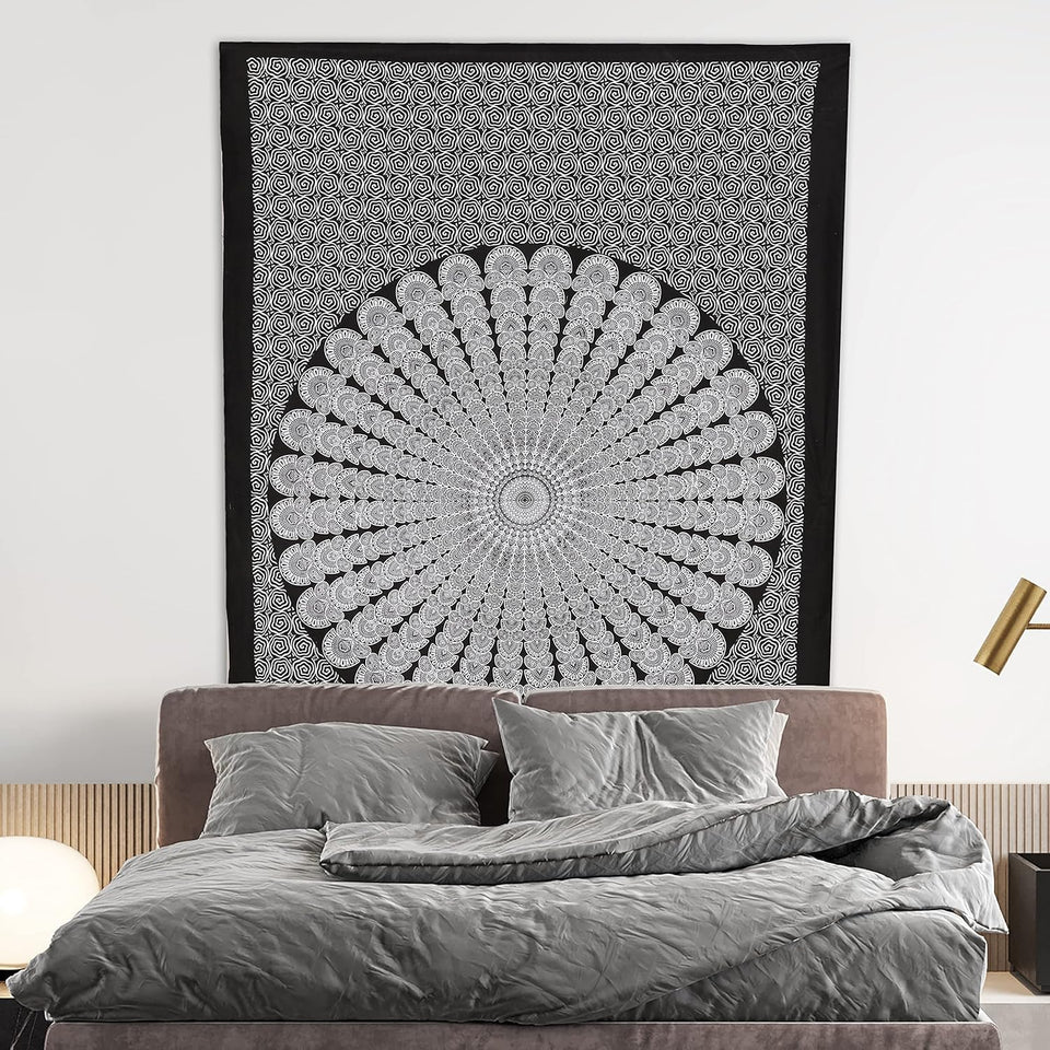 Hippie Bohemian Psychedelic Peacock Mandala Wall Hanging Bedding Tapestry (Black White)