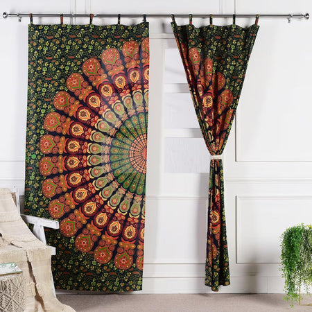 Bless International Beautiful Indian Bohemian Psychedelic Hippie Tree of Life Window Curtain Panels for Bedroom, Living, Balcony (Golden Green