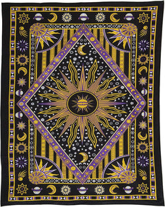 Bless International Handmade Indian hippie Bohemian Psychedelic Celestial Sun Moon Wall hanging College Dorm Beach Throws Table Cloth Bedding Tapestry (Purple/Yellow)