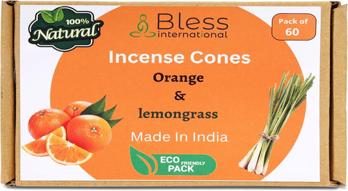 Bless-International 100%-Natural-Incense-Cones Handmade-Hand-Dipped Organic-Chemicals-Free for-Purification-Relaxation-Positivity-Yoga-Meditation (Orange and Lemongrass)