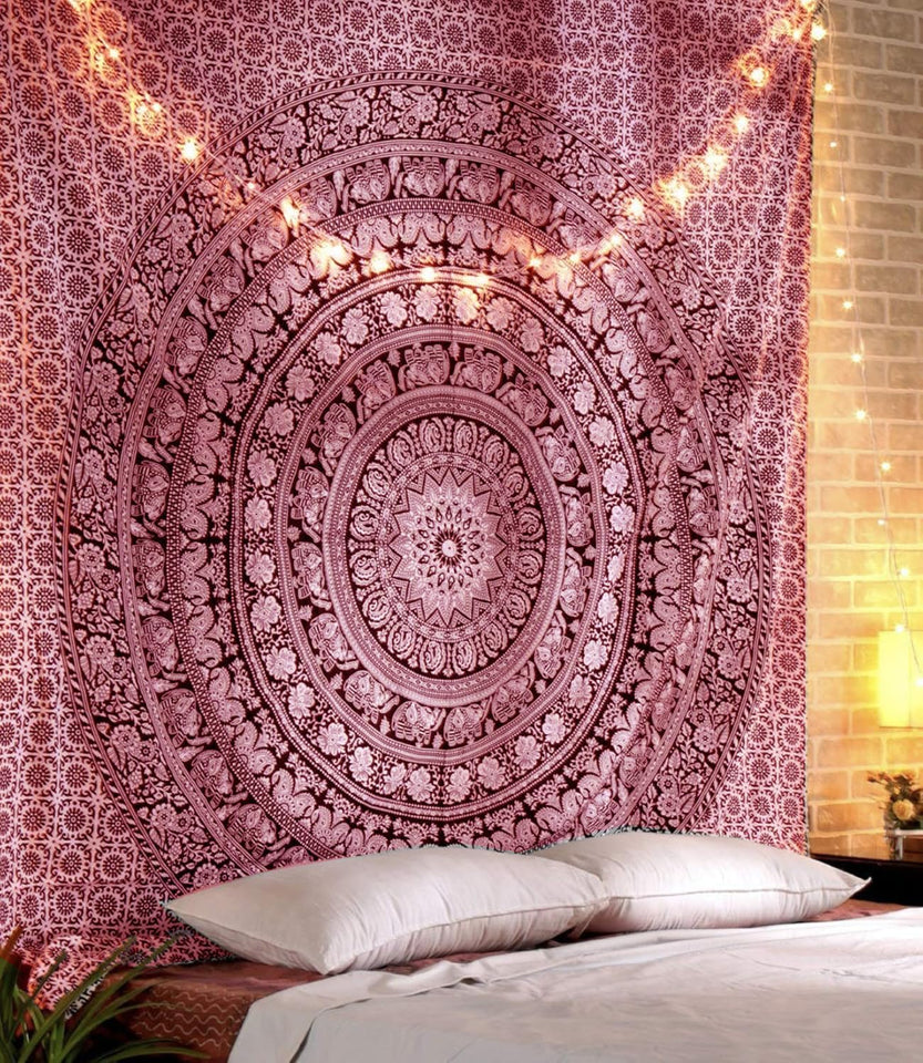 Bless International Handmade Indian hippie Bohemian Psychedelic Elephant Mandala Wall hanging College Dorm Beach Throws Table Cloth Bedding Tapestry (Maroon and Silver)