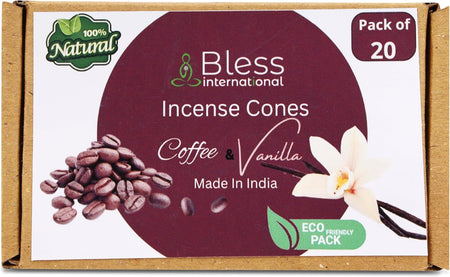 Bless-International 100%-Natural-Incense-Cones Handmade-Hand-Dipped Organic-Chemicals-Free for-Purification-Relaxation-Positivity-Yoga-Meditation (Coffee and Vanilla)