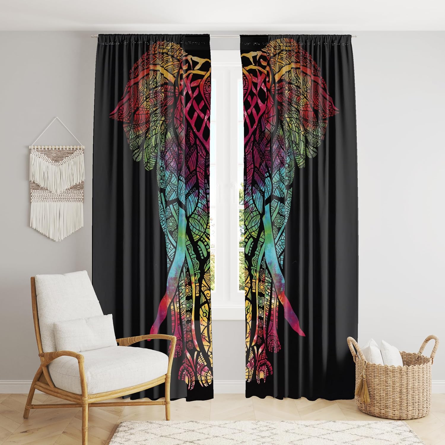 Beautiful Bohemian Psychedelic Hippie Tie Dye Window Curtain Panels for Bedroom, Living, Balcony (Tie Dye Big Elephant (38x83 Inches)(96x210 Cms))