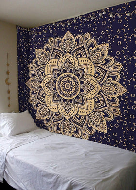 Bless International Indian Traditional Mandala Hippie Wall Hanging, Cotton Tapestry Ombre Bohemian Bedspread (Blue Gold Flower Ombre)