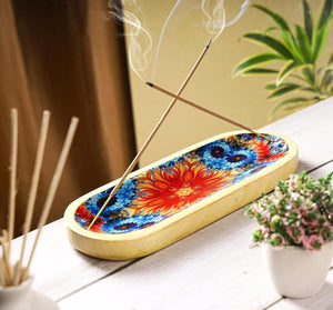 Traditional Handmade Wooden Trat Incense Stick Holder, Ash-Catcher, (Abstract Flowers, 11x4x1.22 Inches)